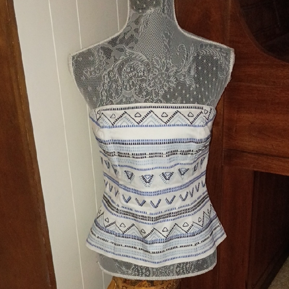 White House Black Market Strapless Top Bustier White Blue Summer Like New 6